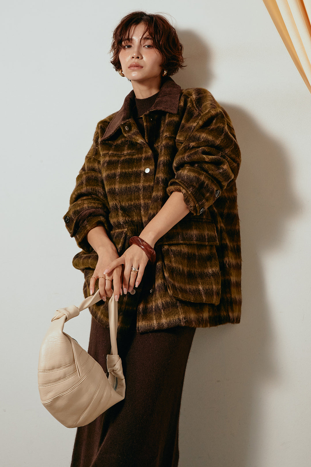 [SET]チェックシャギーミドルカバーオール+ノースリーブニットロングワンピース(2set)