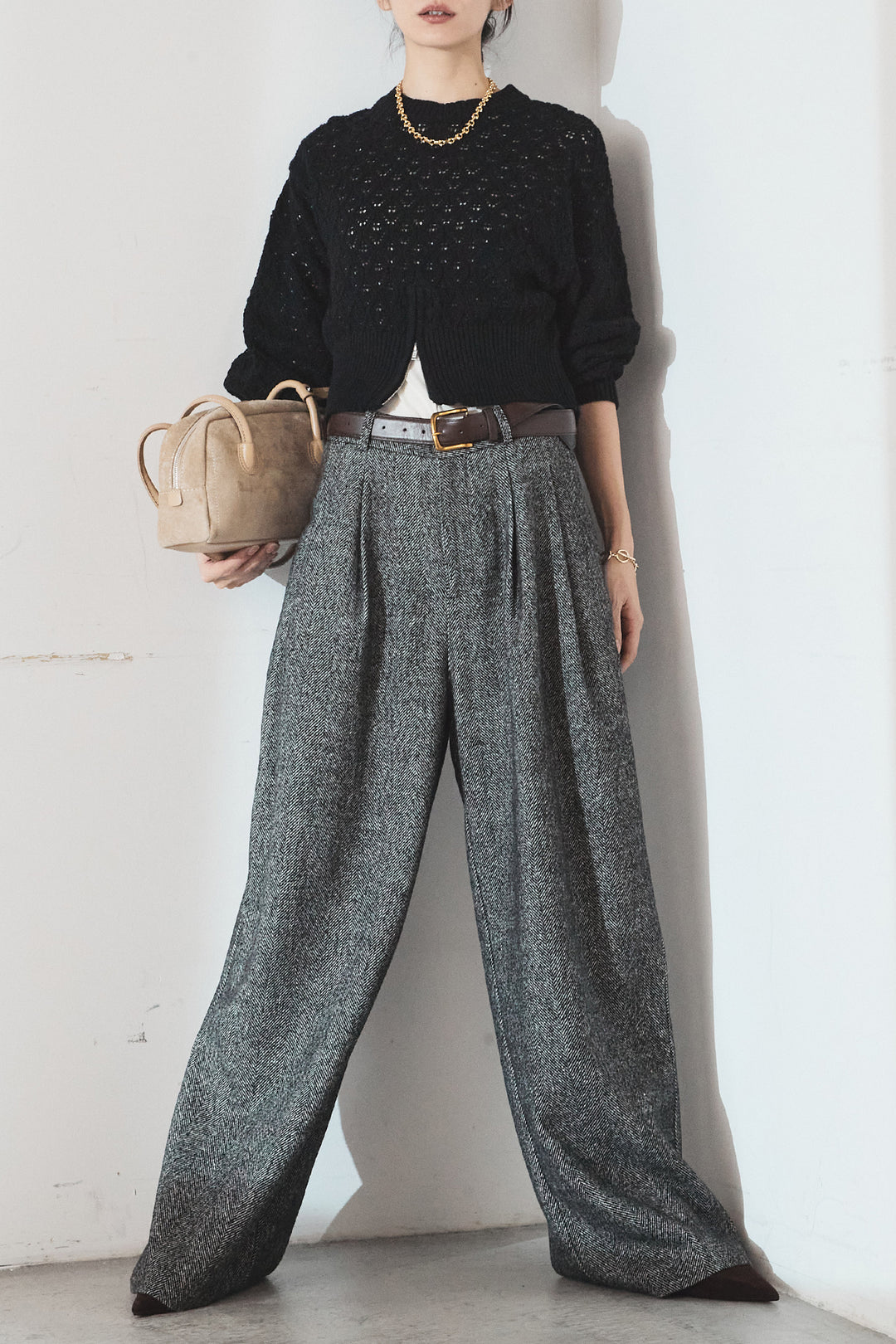 [SET]透かし編みニットジップスリットプルオーバー+タックツイードワイドパンツ(2set)