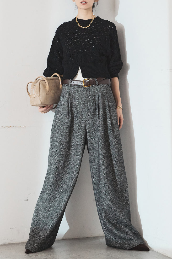 [SET]透かし編みニットジップスリットプルオーバー+タックツイードワイドパンツ(2set)