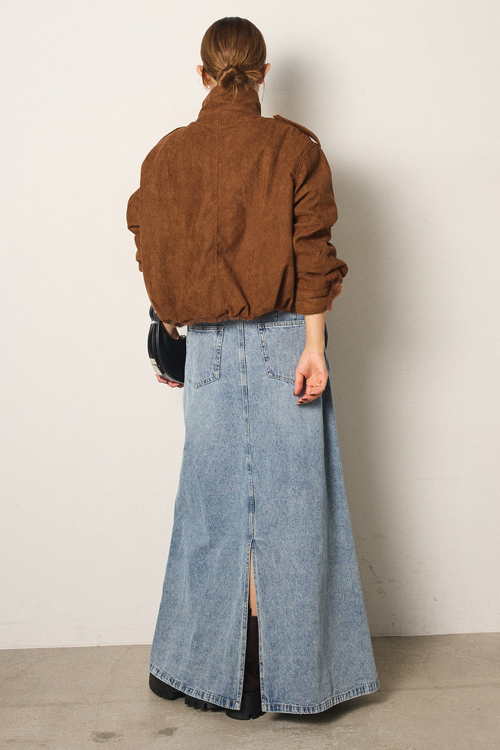 [SET]スタンド襟スウェードライクアウター+デニムロングフレアスカート(2set)