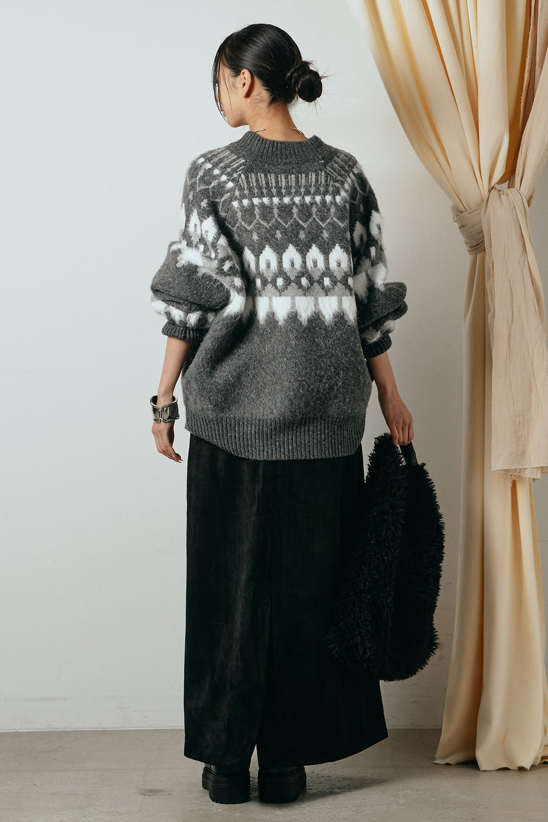 [SET]起毛ダブルジップパターンニットカーディガン+エコスウェードワイドスカート(2set)