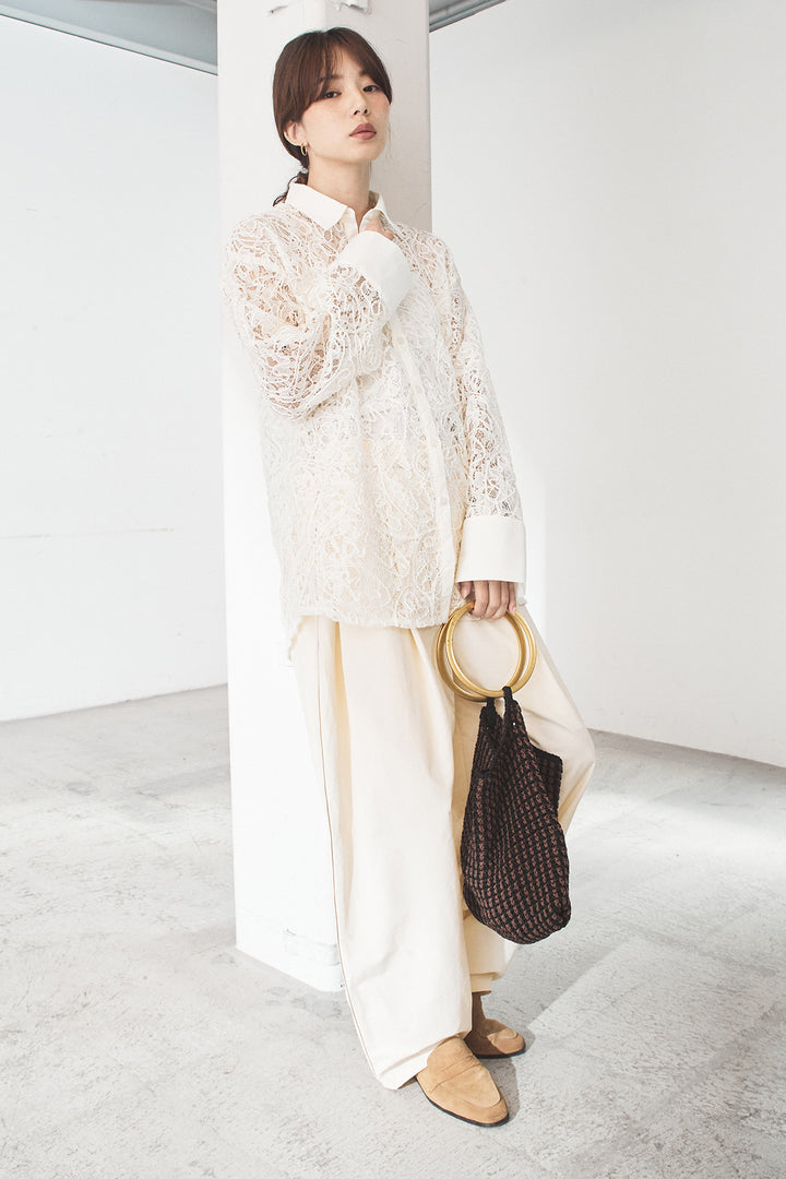[SET]刺繍レースオーバーサイズシャツ+合繊ツイルパイピングタックカーブパンツ(2set)