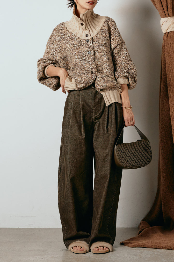 [SET]ハイネックミックスニットカーディガン+フロントタック入りコーデュロイパンツ(2set)