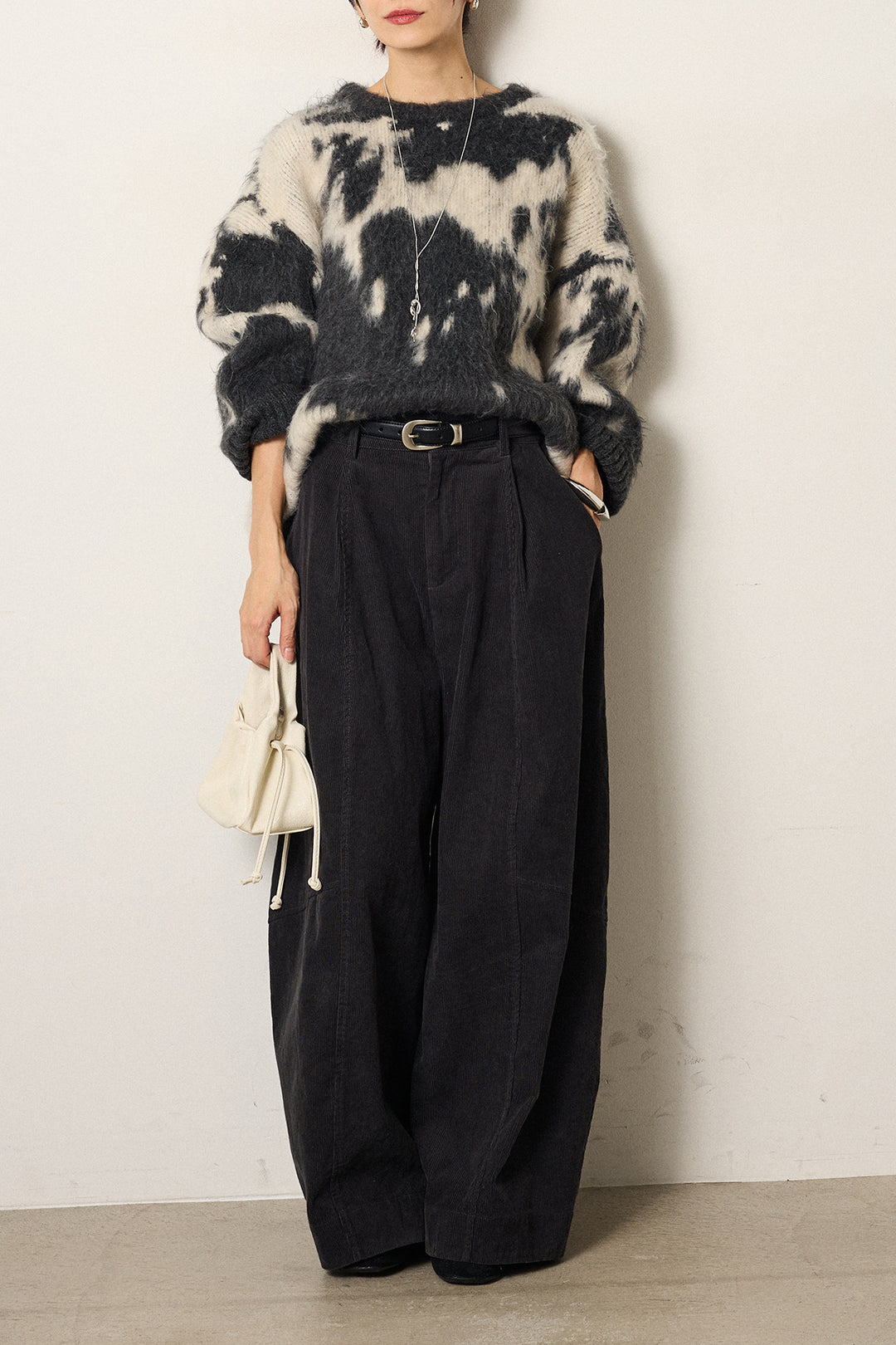 [SET]モヘアタッチマーブルニット+タック入りコーデュロイワイドパンツ(2set)