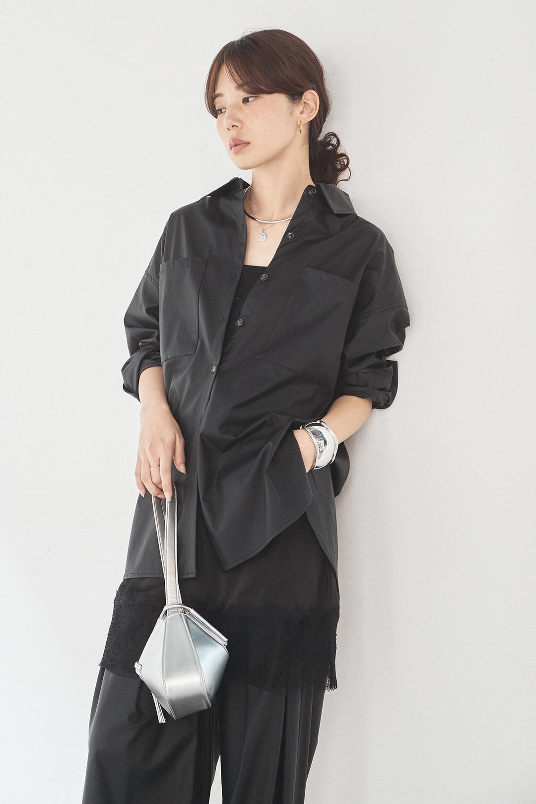 [SET]ウォッシャブルエコレザービックカフスシャツ+ウォッシャブルエコレザータックパンツ(2set)