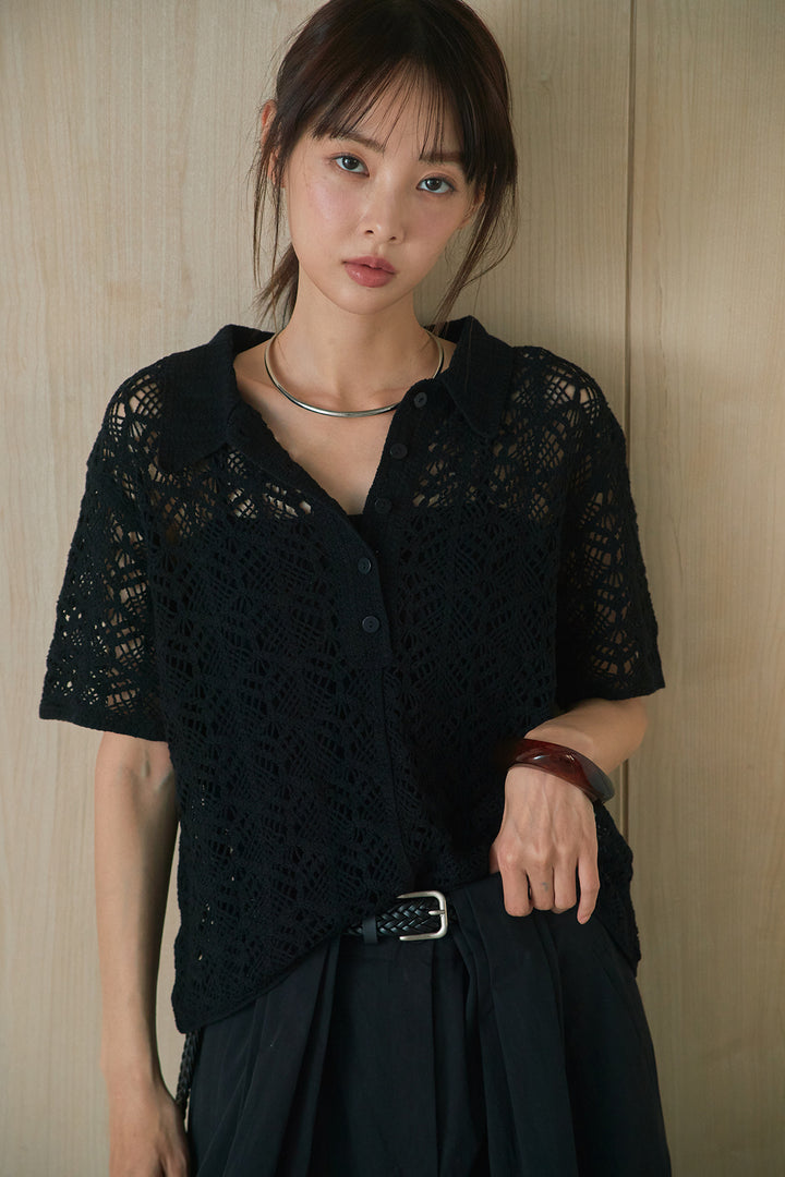 [SET]クロシェ編みニットポロ+ニーサイドタックボリュームカーブパンツ(2set)