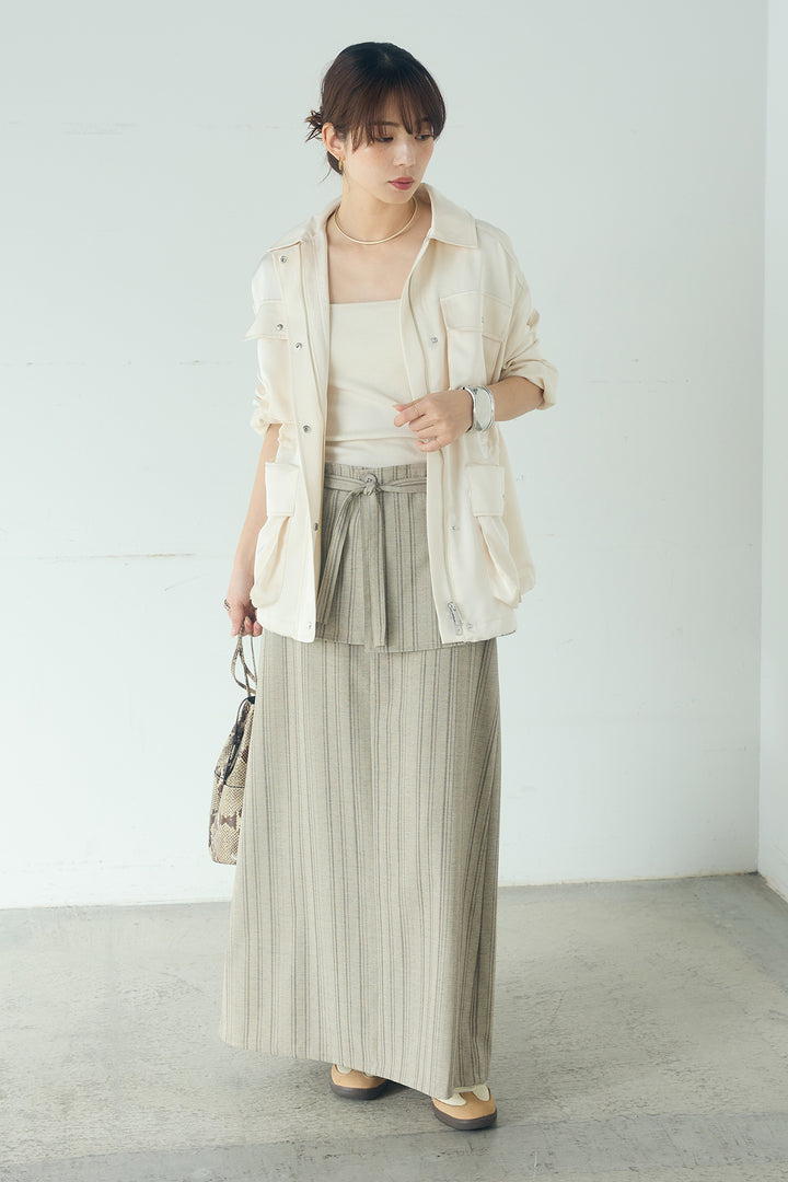[SET]サテンライトブルゾン+ラップ巻きピンストライプワイドスカート(2set)