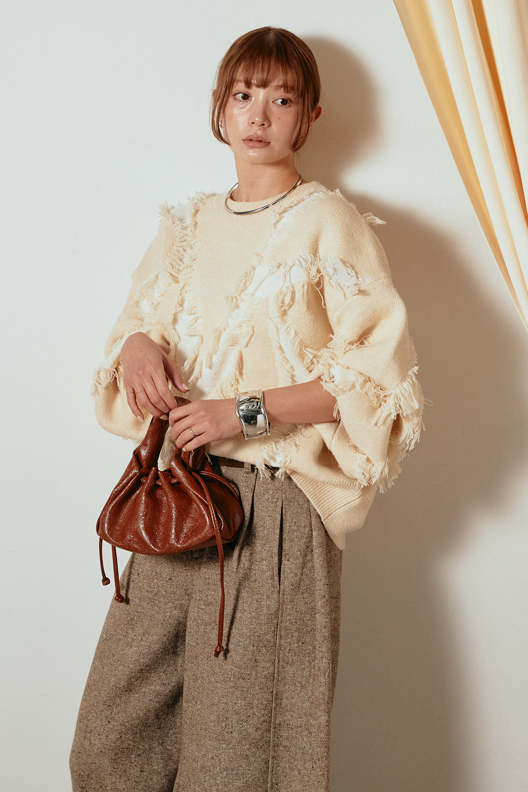 [SET]シャギージャガードニットトップス+ベルト付きネップツイードカーブパンツ(2set)