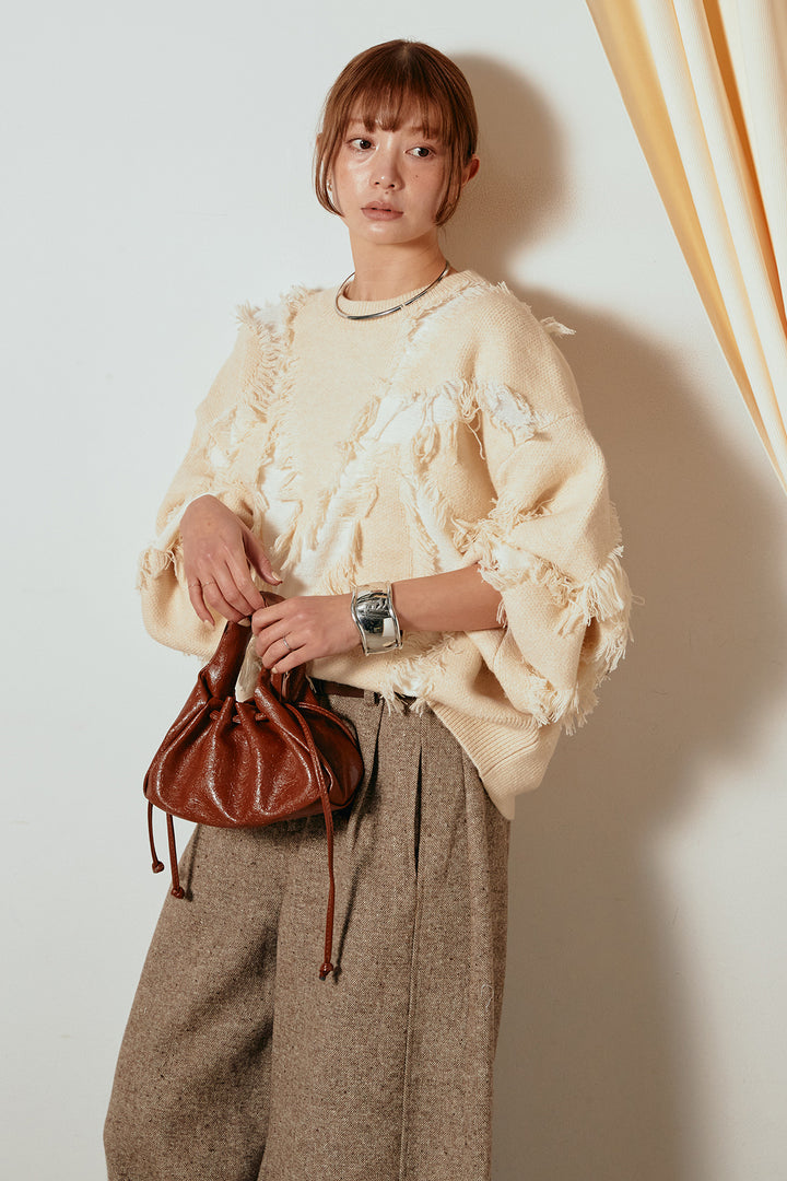 [SET]シャギージャガードニットトップス+ベルト付きネップツイードカーブパンツ(2set)