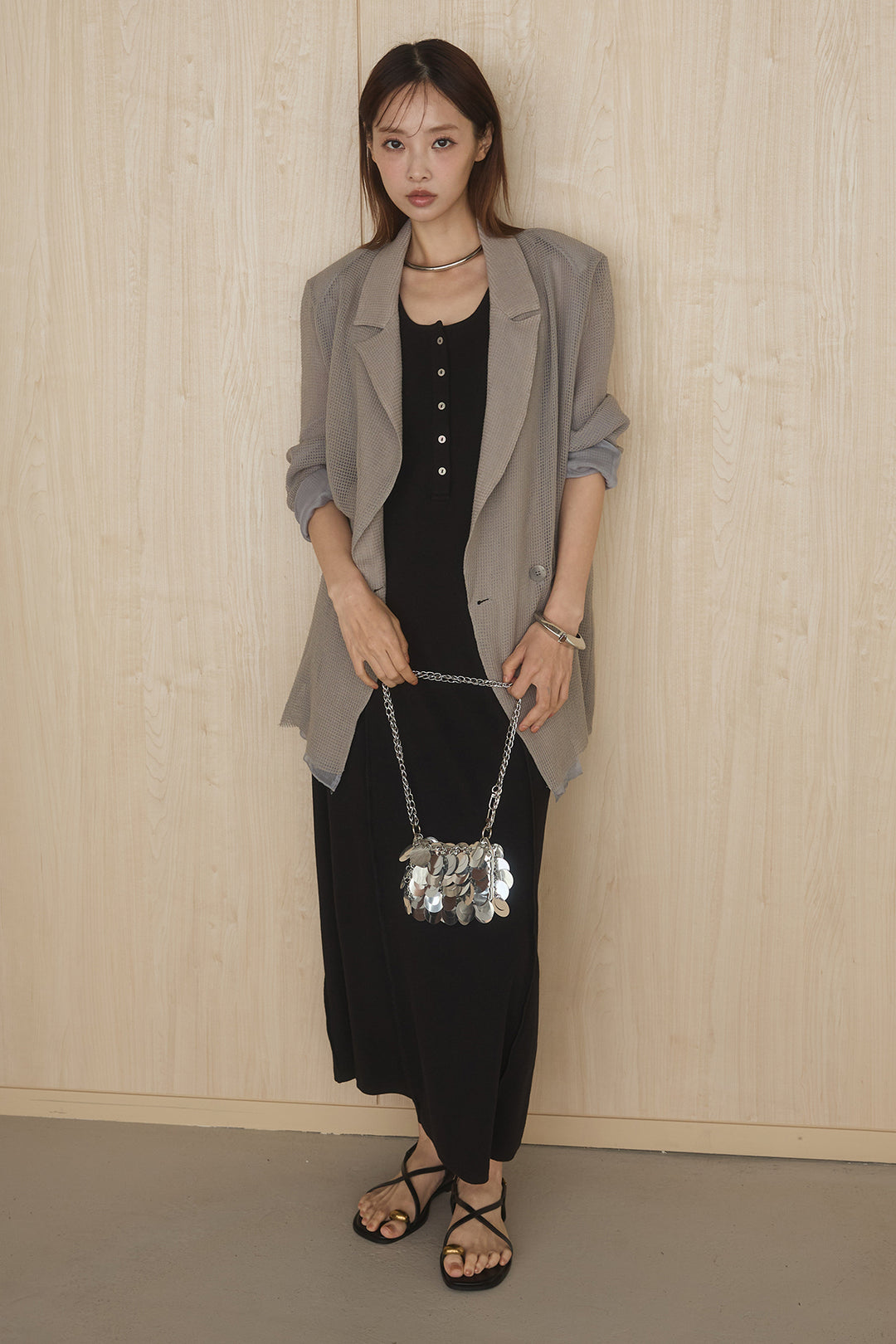 [SET]メッシュテーラードワイドジャケット+ノースリロングワンピース(2set)