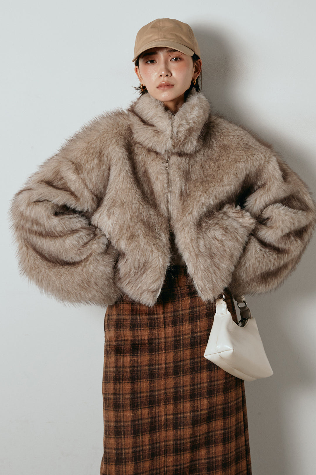 [SET]エコファーショート丈ブルゾン+シャギーチェックストレートスカート(2set)