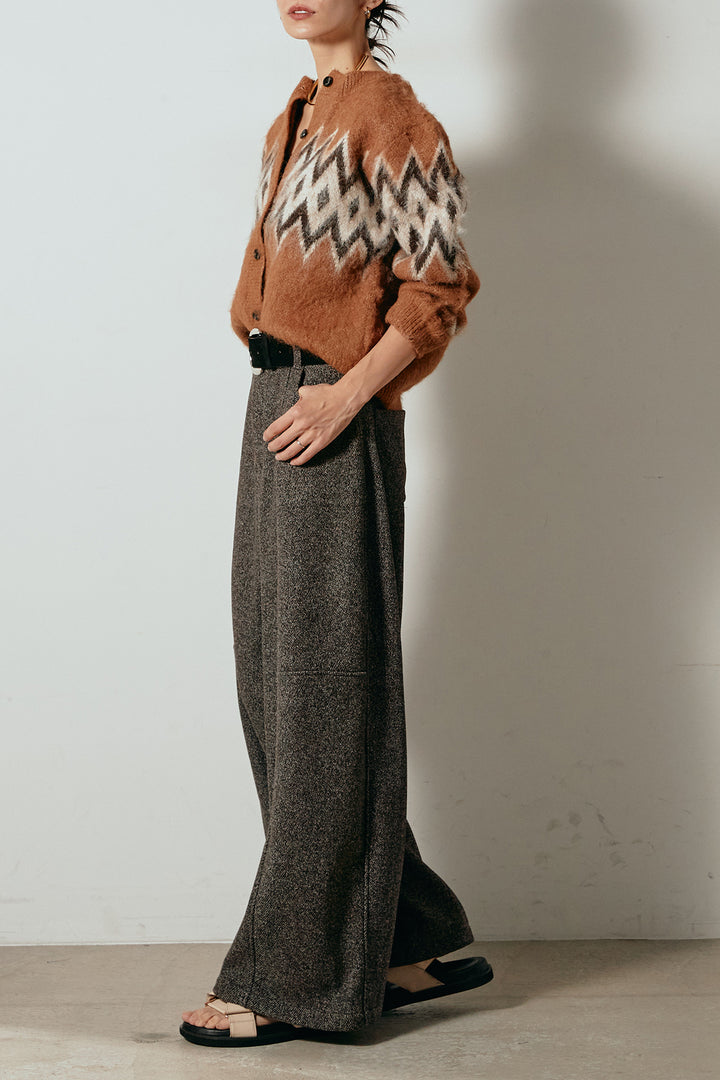[SET]起毛ノルディック柄ニットカーディガン+太ベルト付きツイードワイドパンツ(2set)