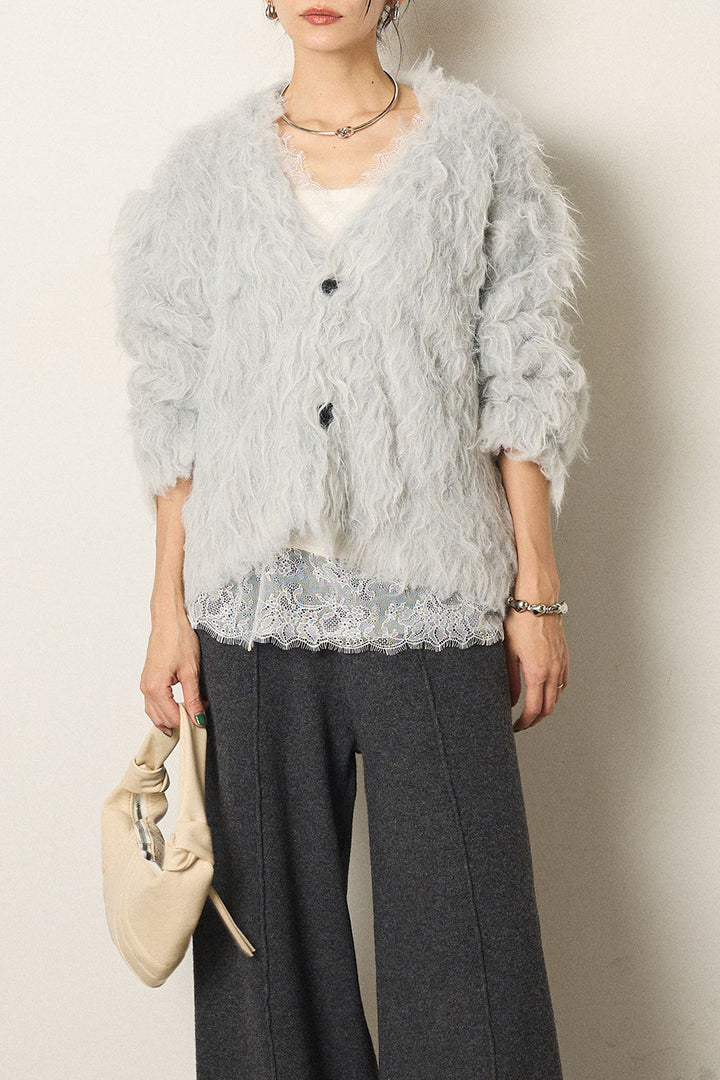 [SET]起毛シャギーニットカーディガン+レース切り替えキャミソール(2set)