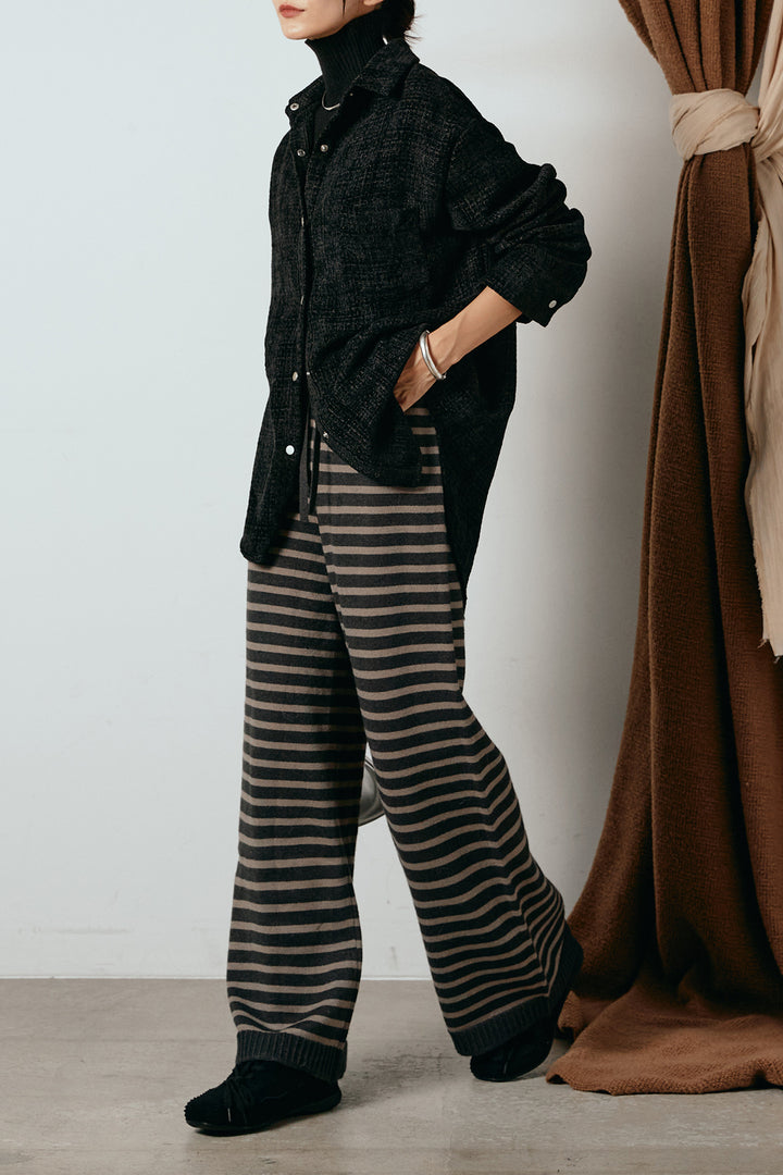 [SET]ルーズクラッシュツイルシャツ+リブニットシームレスタートルプルオーバー+ボーダーリラックスニットパンツ(3set)