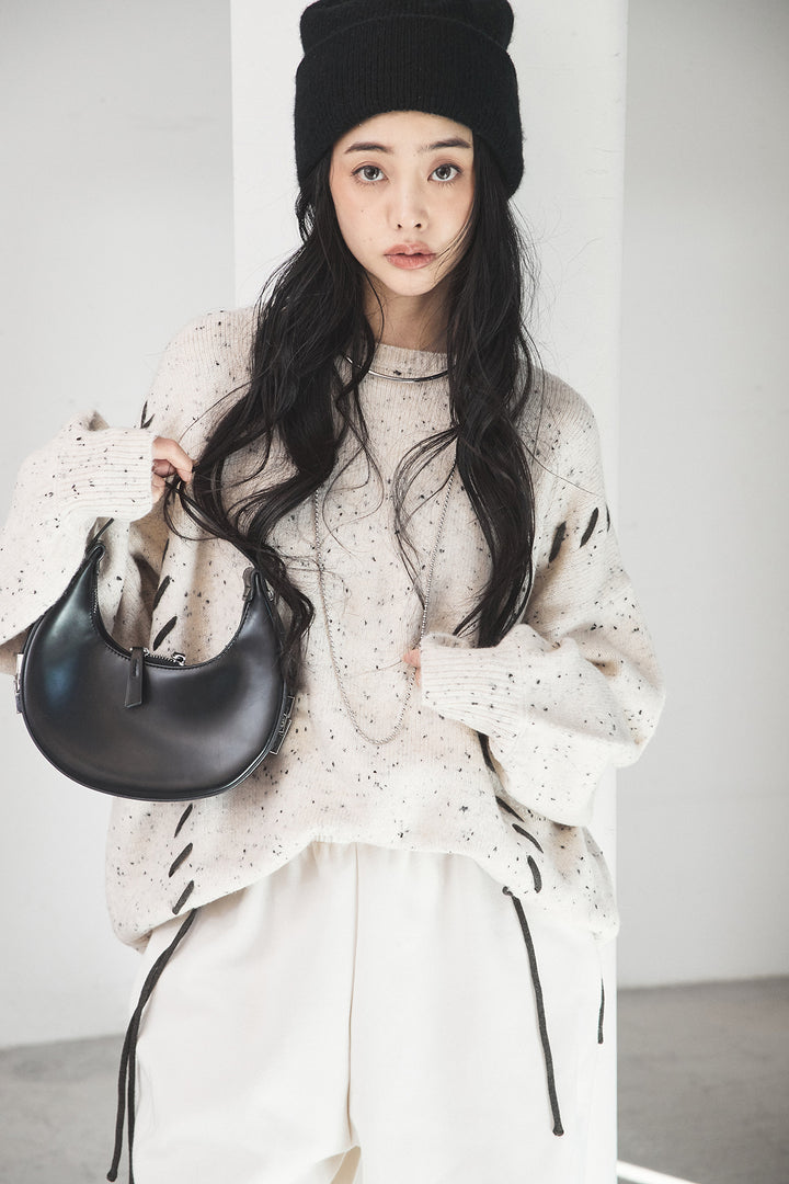 [SET]ネップ編み上げニットトップス+裏起毛スウェットワイドパンツ(2set)