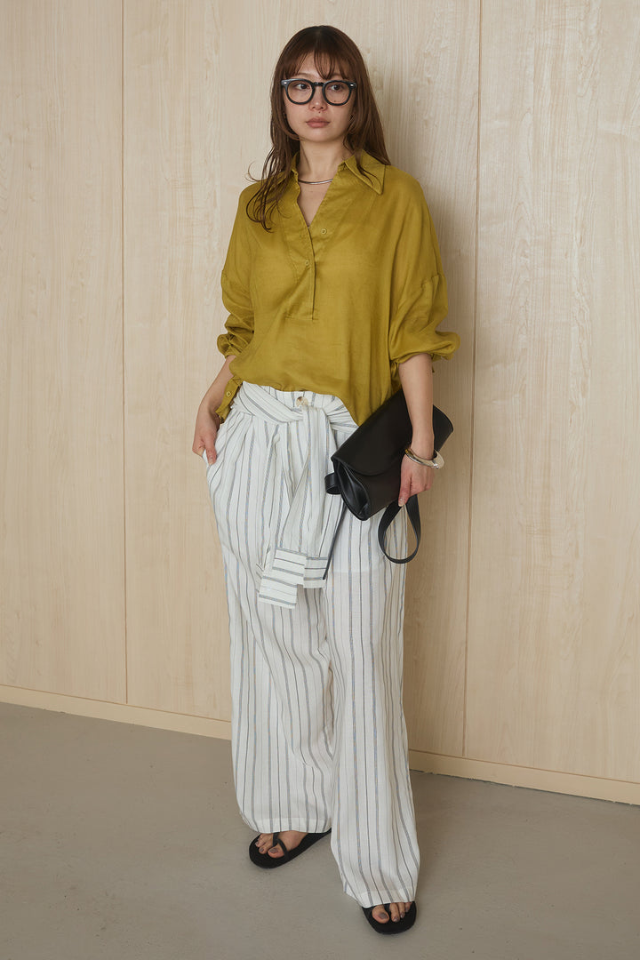 [SET]襟付きボタンブラウス+ウエスト巻きピンストライプパンツ(2set)