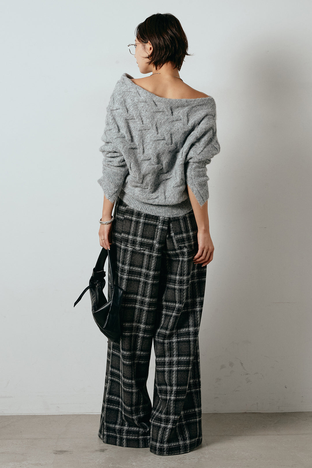 [SET]ボートネックニットトップス+ルーズタータンチェックワイドパンツ(2set)