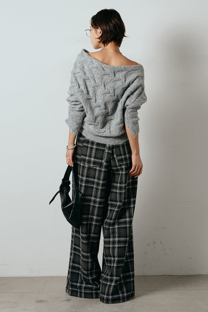 [SET]ボートネックニットトップス+ルーズタータンチェックワイドパンツ(2set)