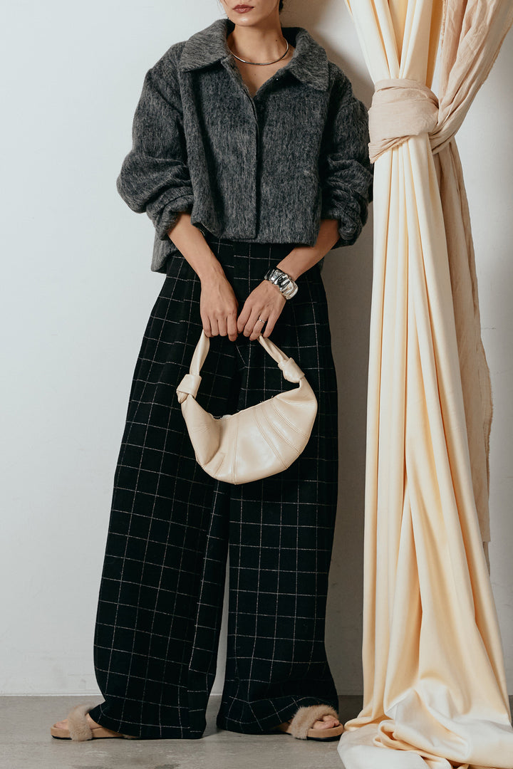 [SET]シャギーショートジャケット+スクエアチェック柄ワイドパンツ(2set)