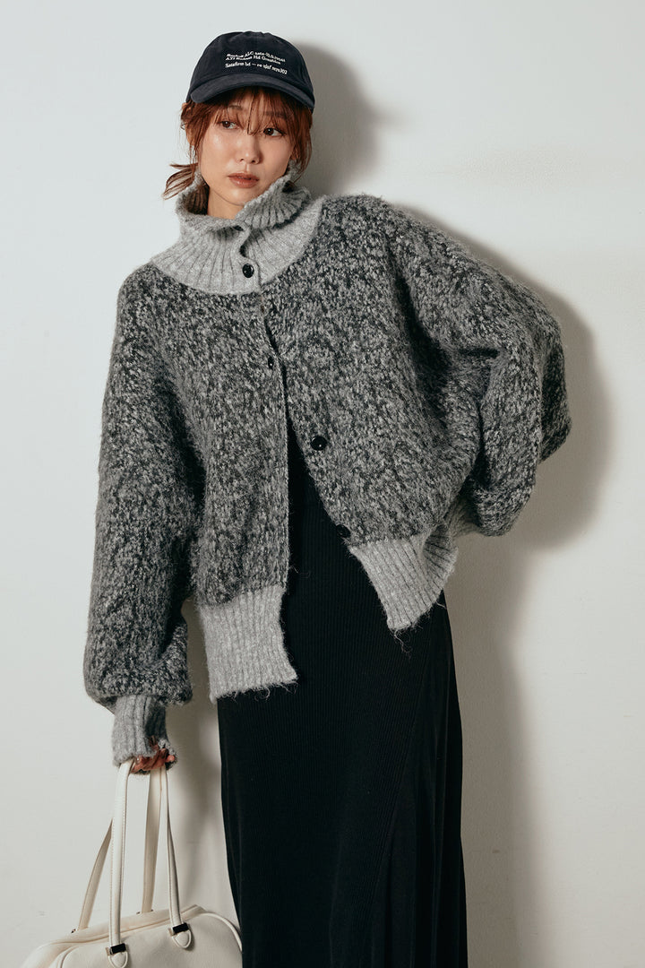 [SET]ハイネックミックスニットトップス+サイド切り替えリブニットロングスカート(2set)