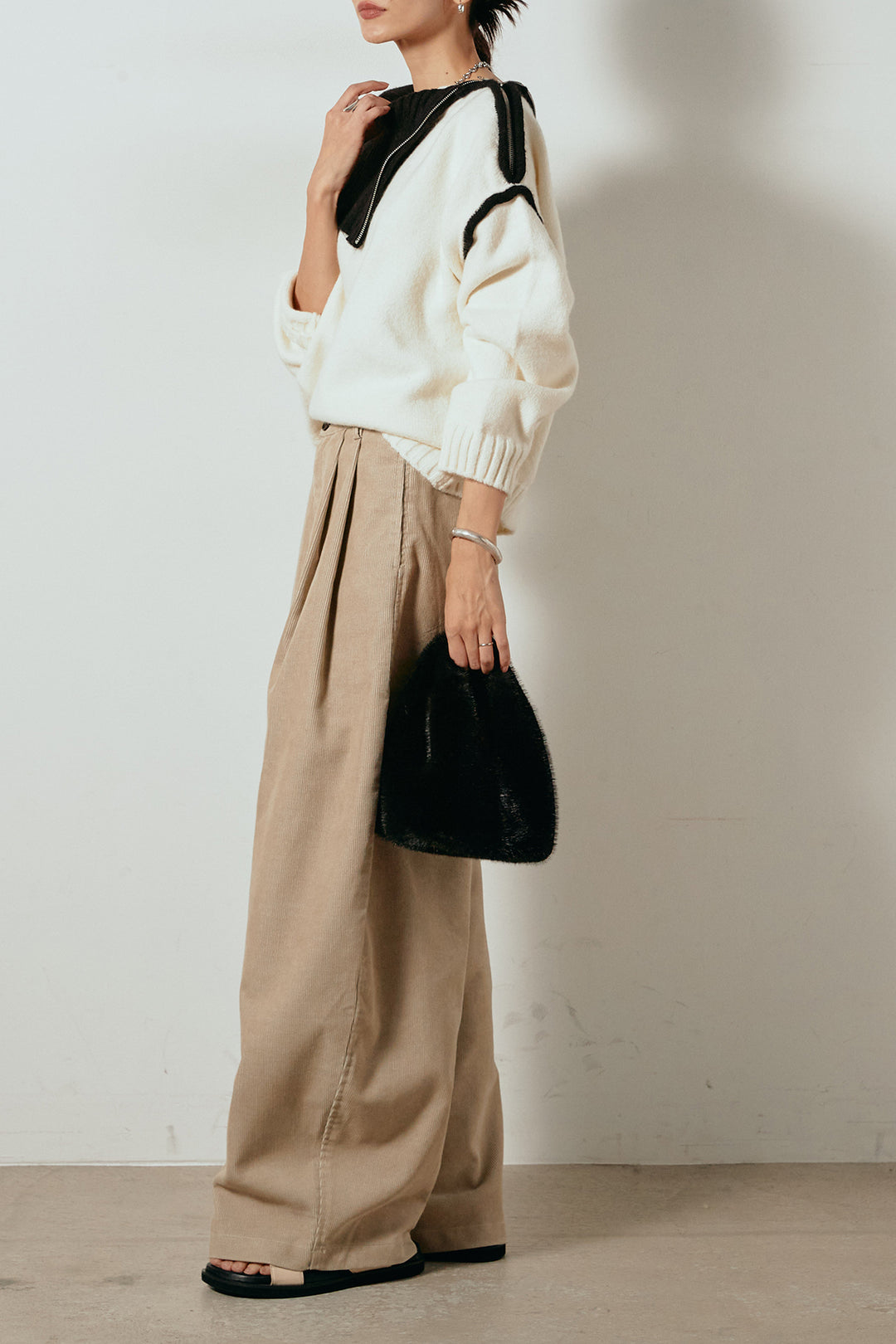 [SET]ハイネックジップデザインニットトップス+フロントタック入りコーデュロイパンツ(2set)