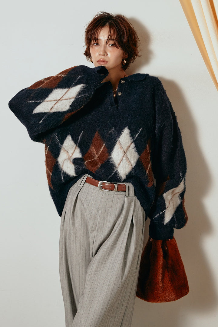 [SET]アーガイル柄ポロニットトップス+ストライプヘリンボーンパンツ(2set)