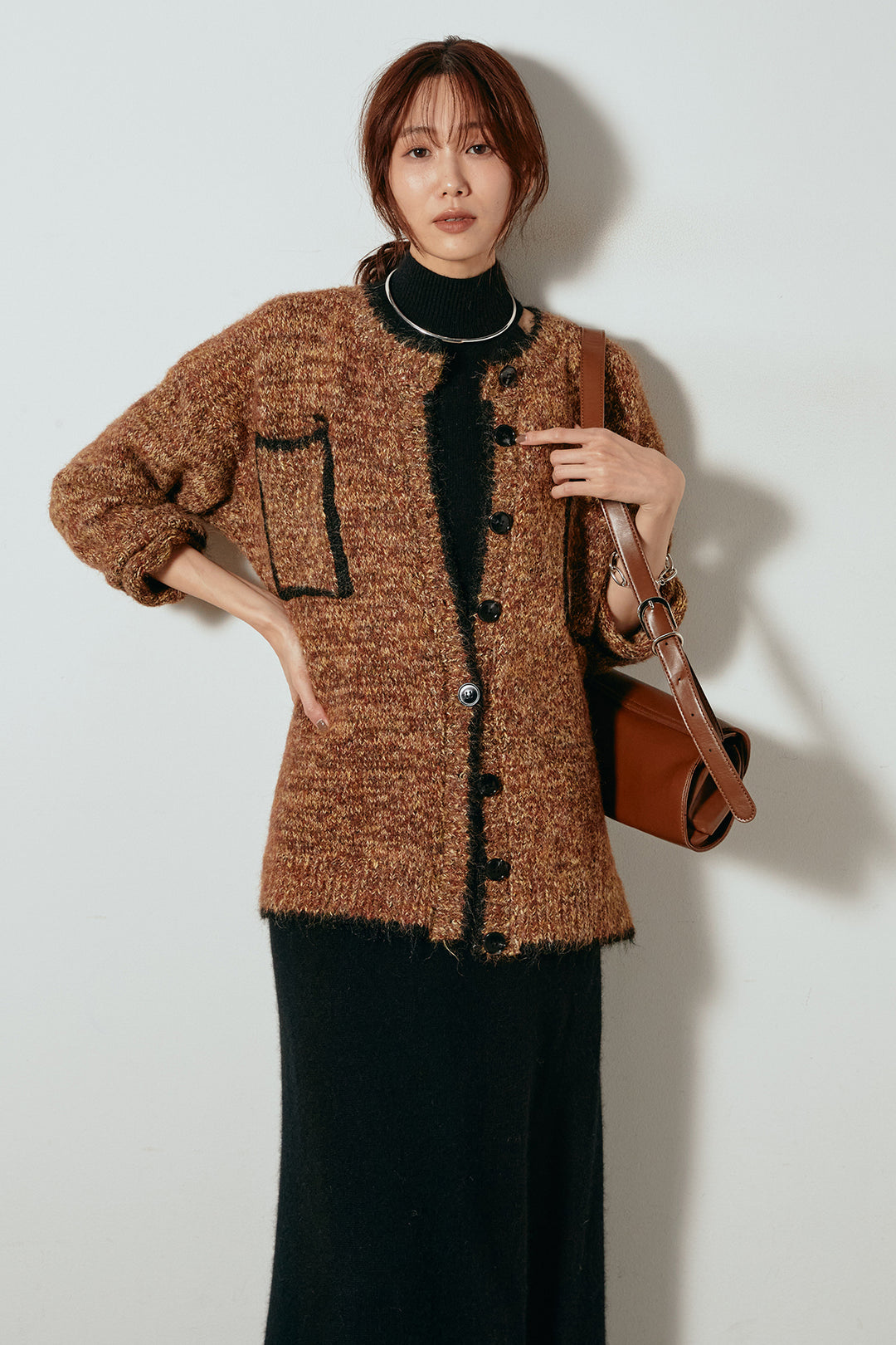 [SET]ミックスニットポケットカーディガン+ノースリーブニットロングワンピース(2set)