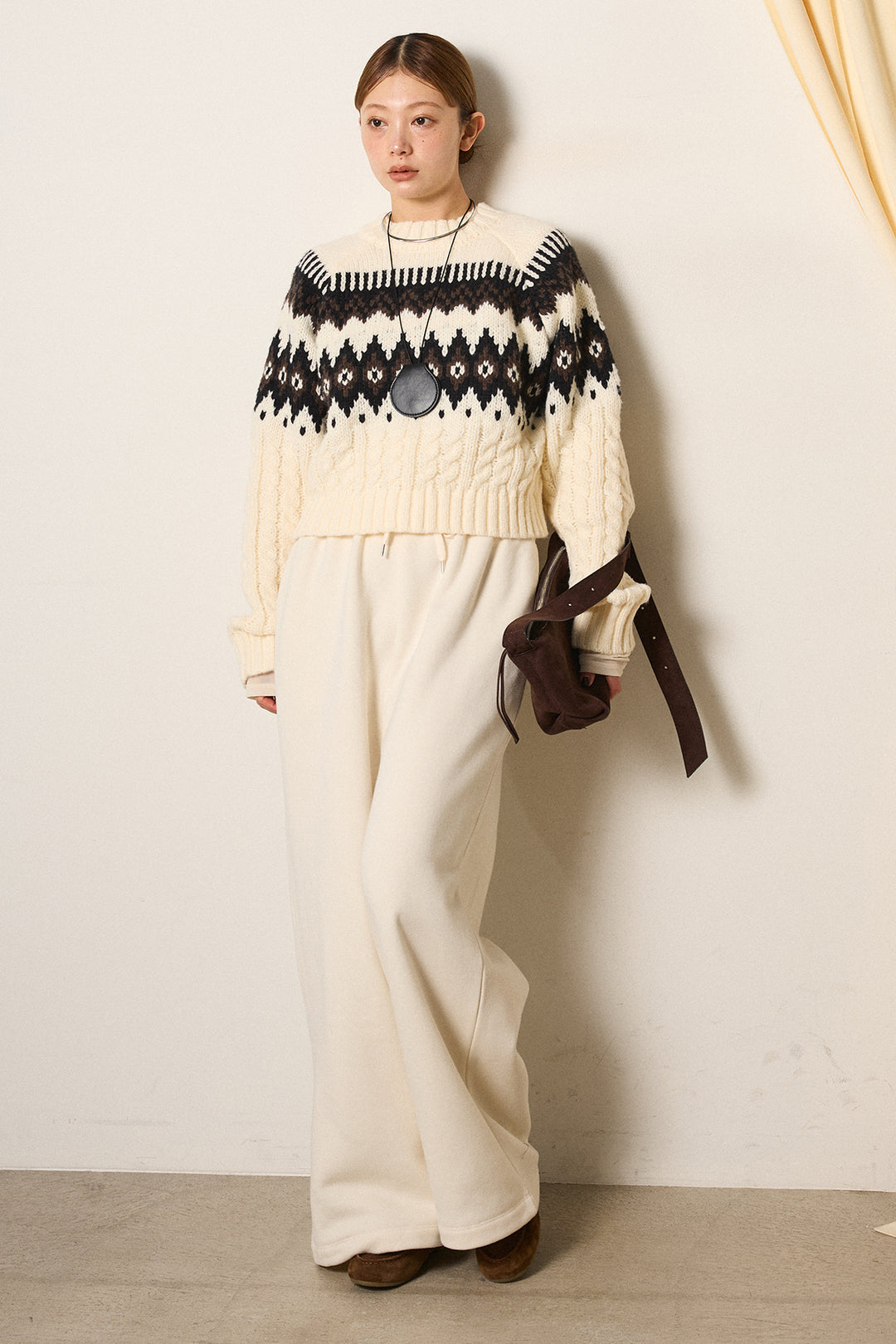 [SET]2WAY求心柄ジャガードショートカーディガン+裏起毛スウェットワイドパンツ+2WAY袖コード刺繍クルーネックプルオーバー(3set)