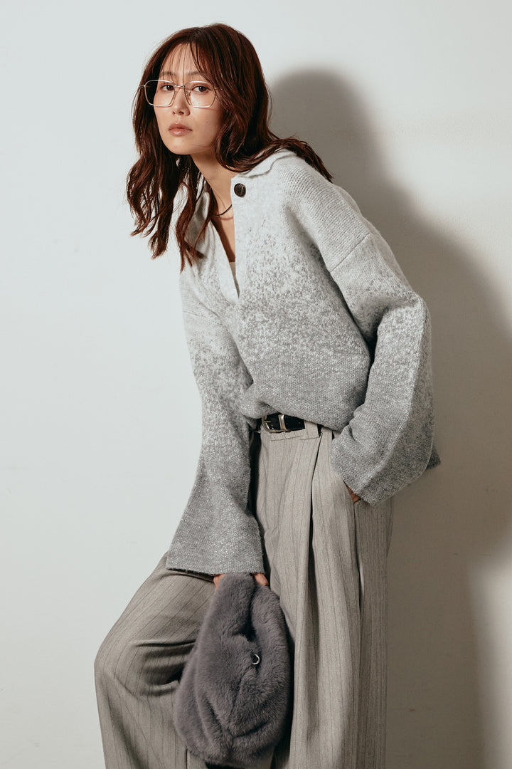 [SET]グラデーションラメニットキーネックプルオーバー+ストライプヘリンボーンパンツ(2set)