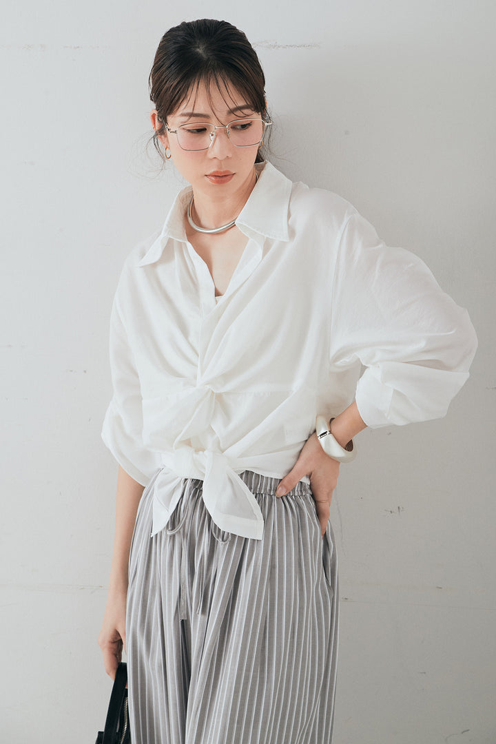[SET]裾巻きツイストデザインシャツ+レーヨンストライプイージーワイドパンツ(2set)