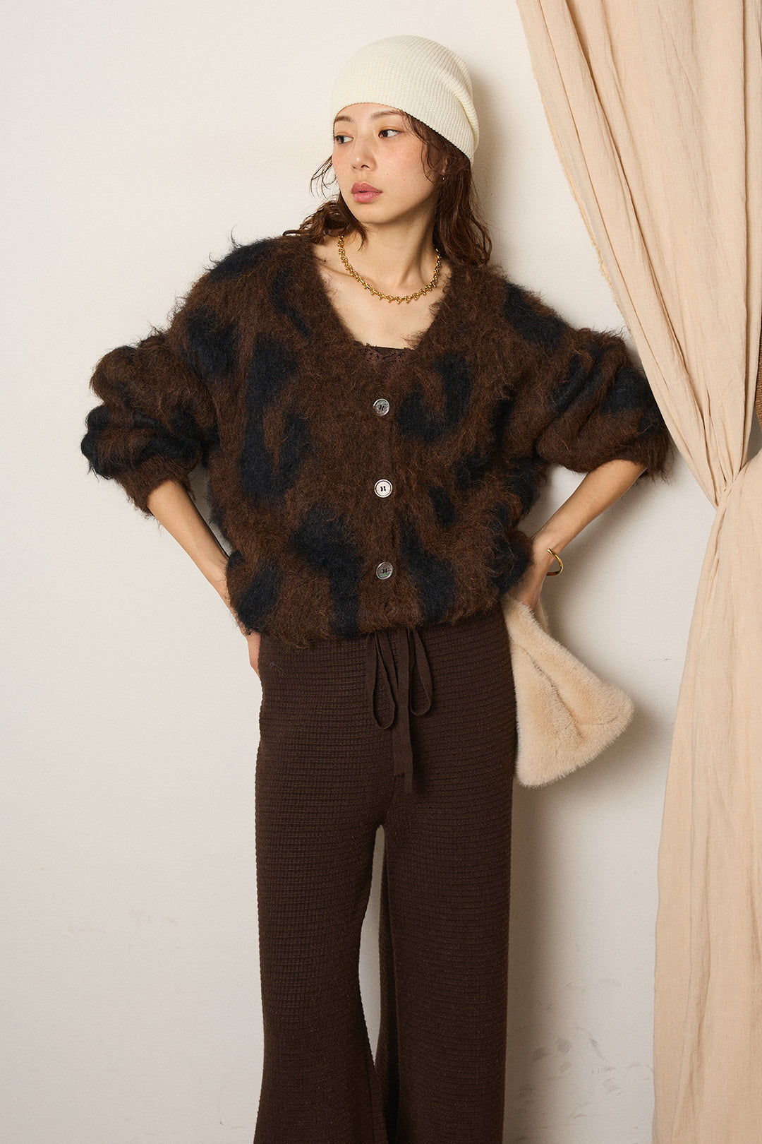 [SET]レオパードシャギータッチカーディガン+ワイドリブニットイージーパンツ(2set)