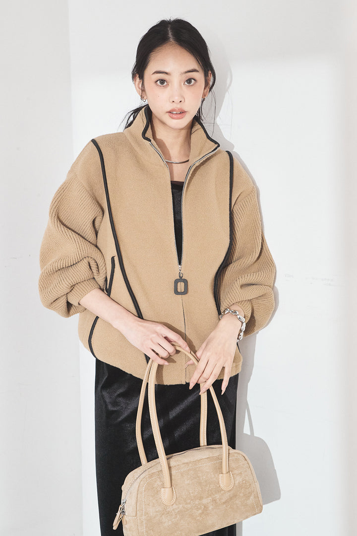 [SET]ハイネックパイピングデザインブルゾン+ベロアバレエネックワンピース(2set)