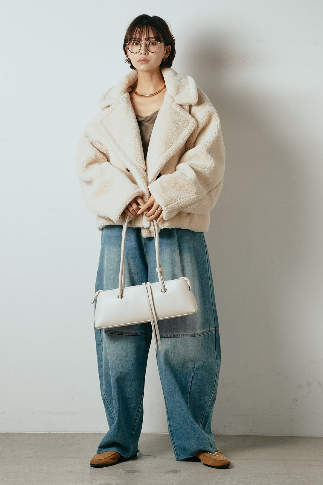 【2月中旬発送】
[SET]テディボアショートジャケット+加工デニムタックコクーンワイドパンツ(2set)