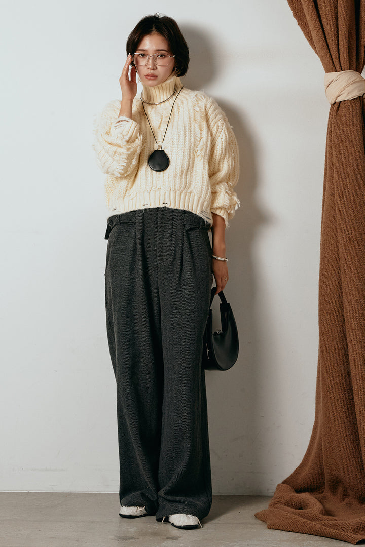 [SET]フリンジタートルショートニット+クラシックヘリンボーンサロペット(2set)