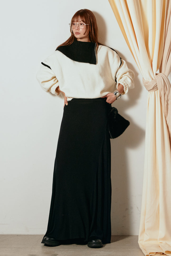 [SET]ハイネックジップデザインニットトップス+サイド切り替えリブニットロングスカート(2set)