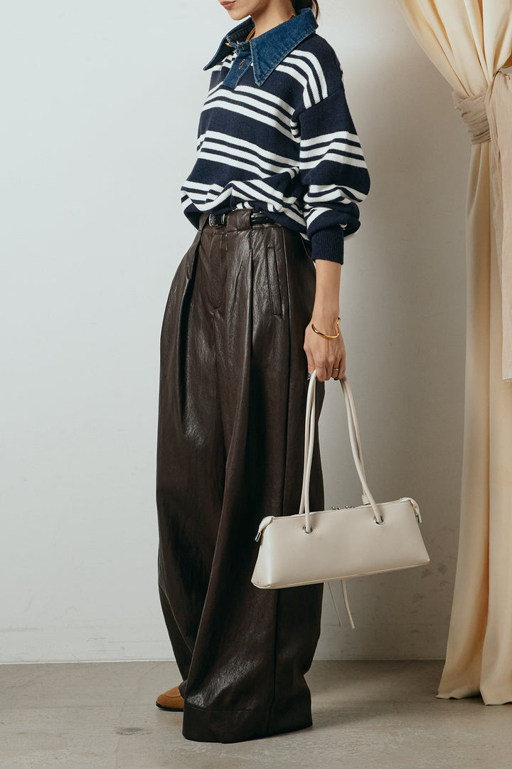 [SET]デニムレイヤード風ランダムボーダーニットプルオーバー+ベルト付きレザーライクタックパンツ(2set)