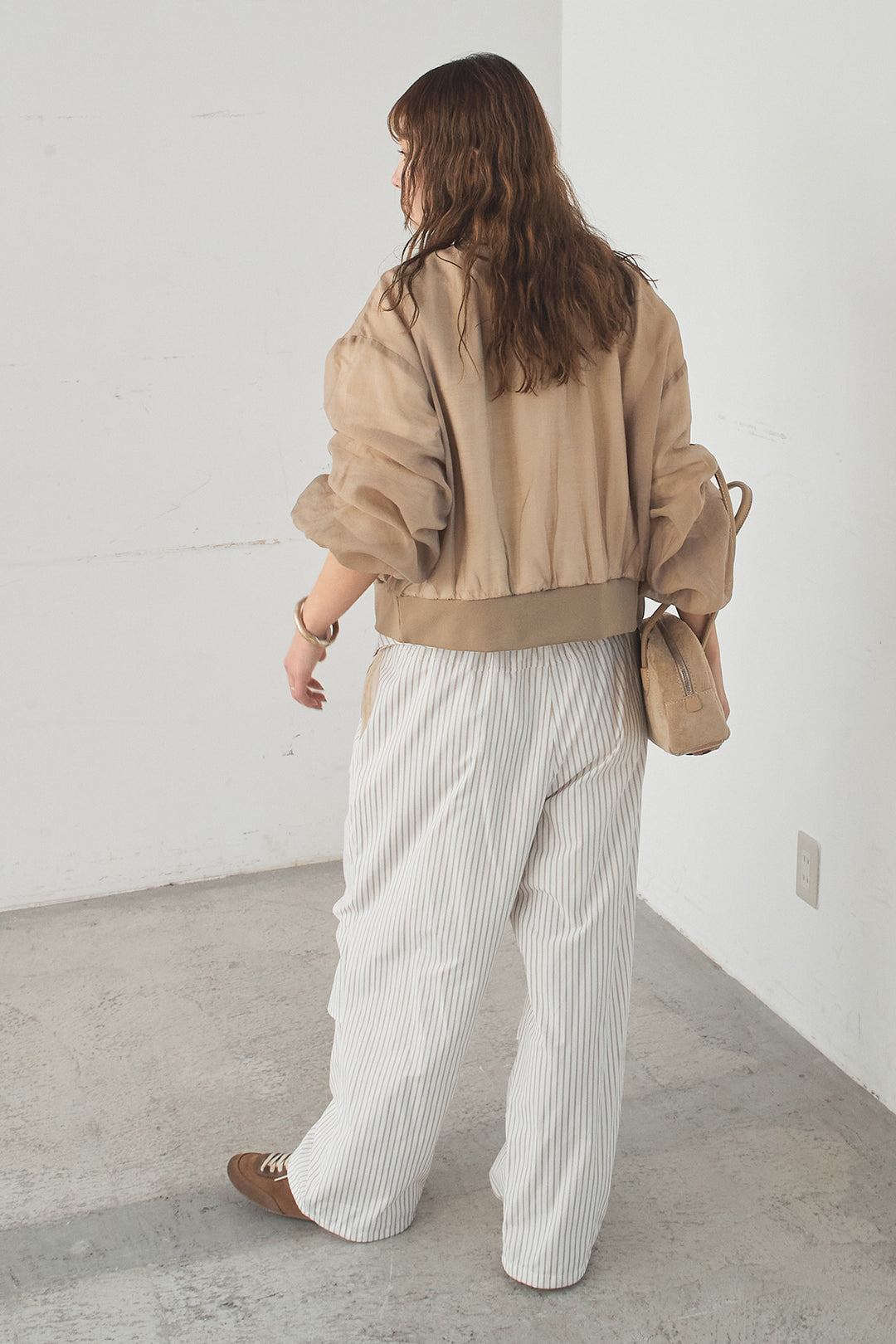 [SET]シアー×ポンチブルゾン+ストライプウエスト巻きジョガーパンツ(2set)