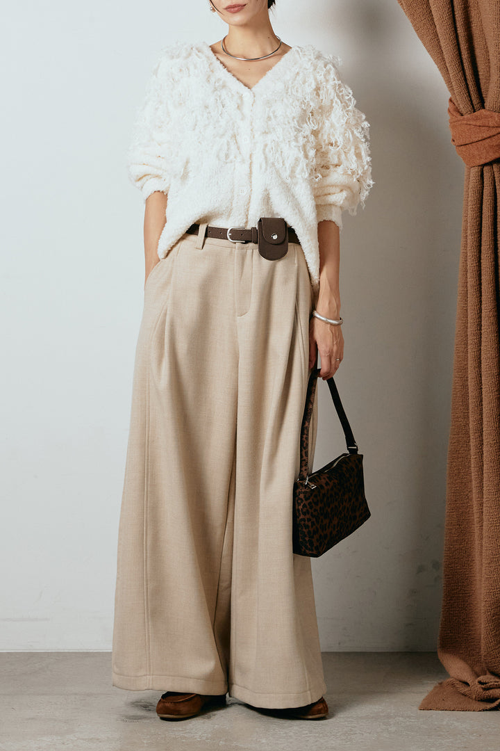 [SET]ループ編みVネックニットカーディガン+ポーチベルト付きカーブパンツ(2set)