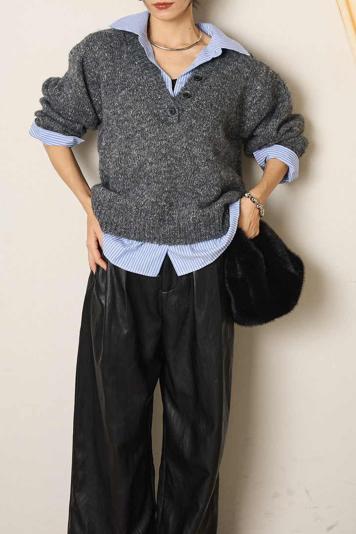 [SET]ストライプシャツドッキングニットポロトップス+ベルト付きレザーライクタックパンツ(2set)