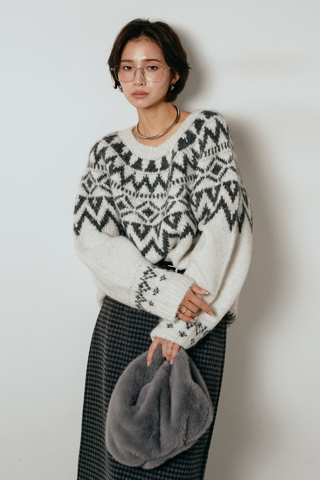 [SET]ノルディック柄Uネックプルオーバー+スエード調ベルト付きチェックナロースカート(2set)