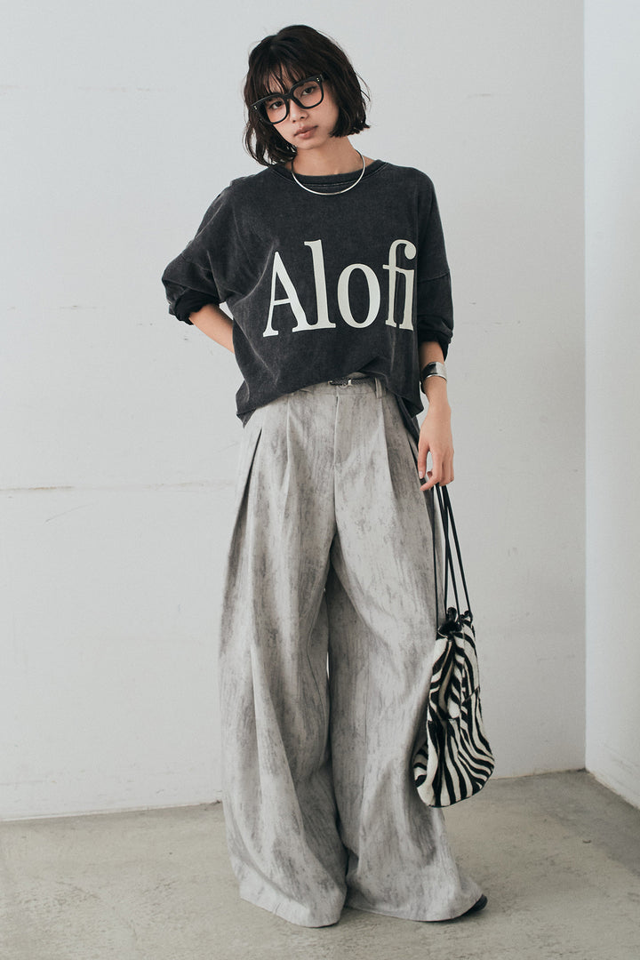[SET]裾センタードロストロゴプリントワイドTシャツ+紐ベルト付きかすれ柄ワイドスラックス(2set)