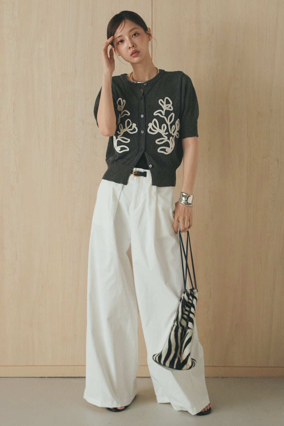 [SET]フロントテープデザイン半袖カーディガン+ベルトループデザインハイウエストタックパンツ(2set)