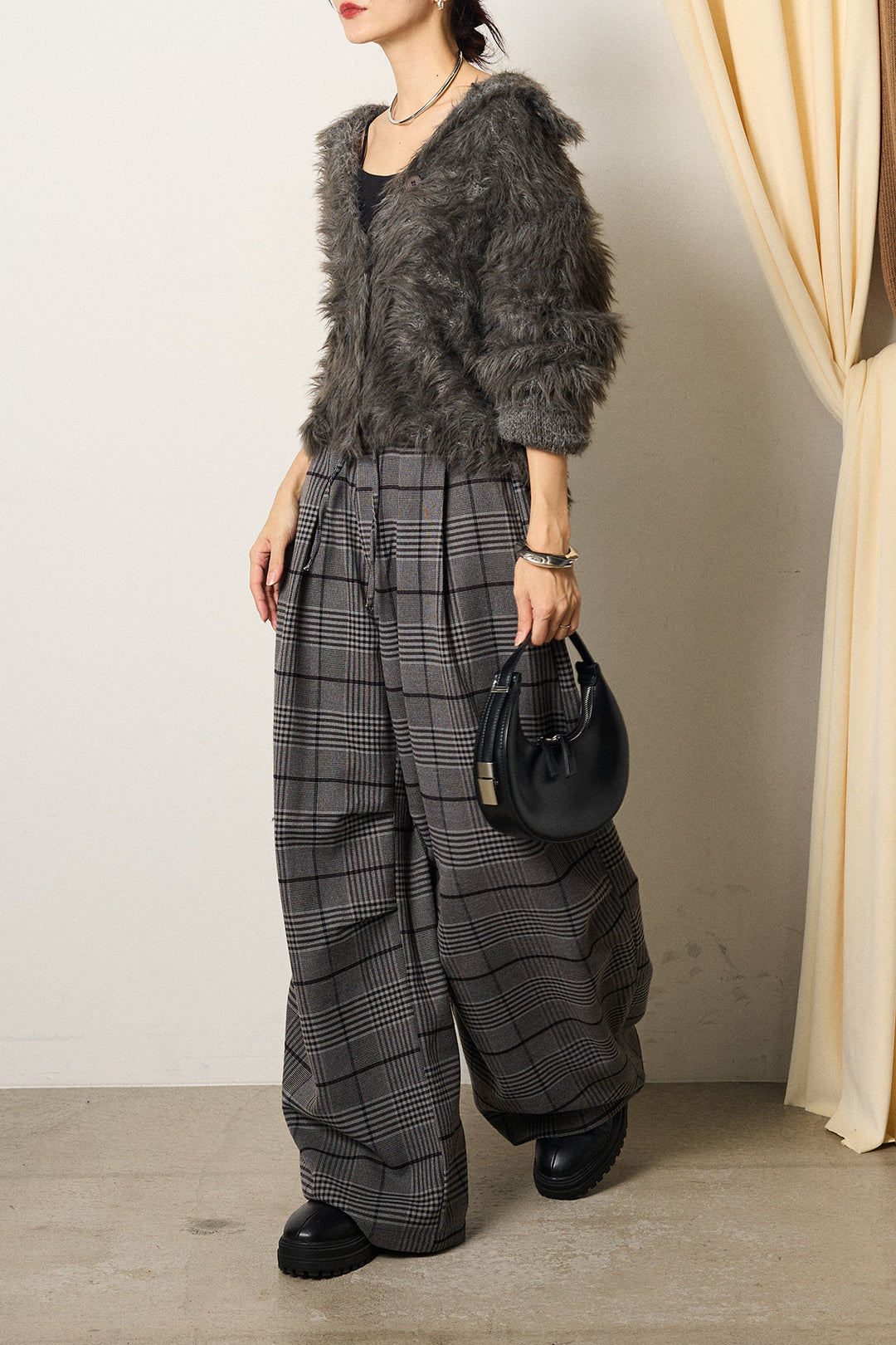 [SET]襟付きシャギーニットカーディガン+グレンチェックルーズタックパンツ(2set)