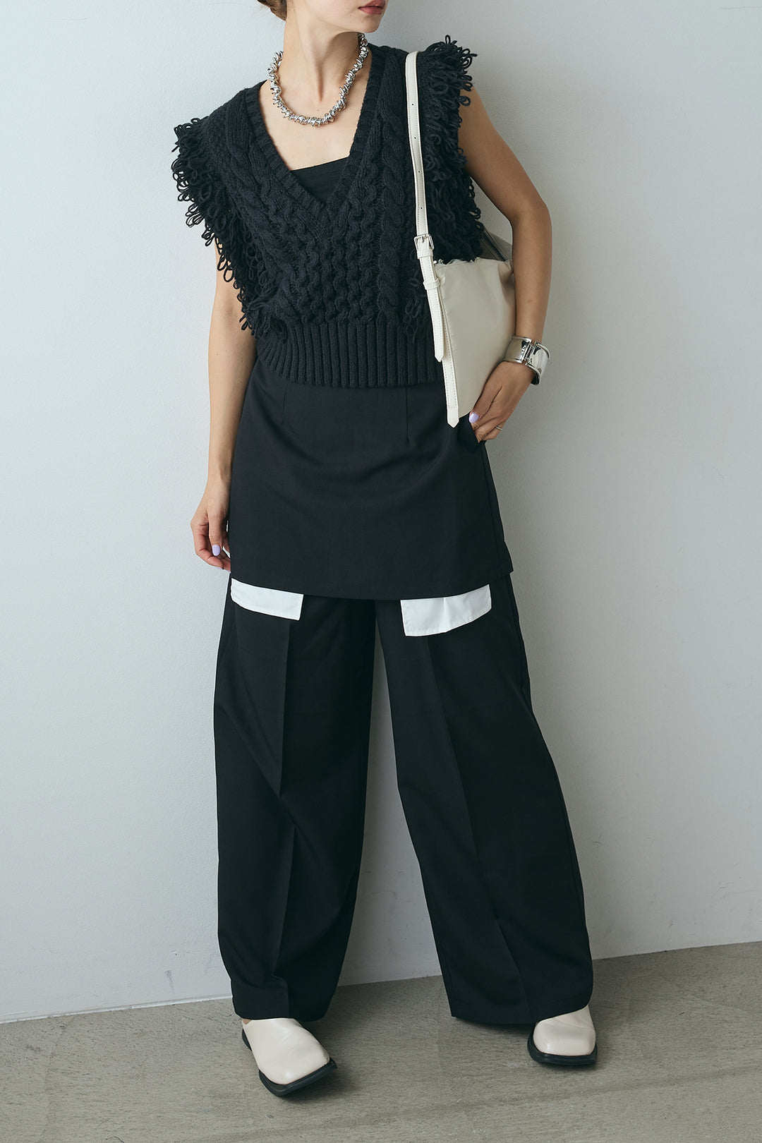 [SET]Vネックループフリンジニットベスト+ストレートパンツ＆ミニスカートセット(2set)
