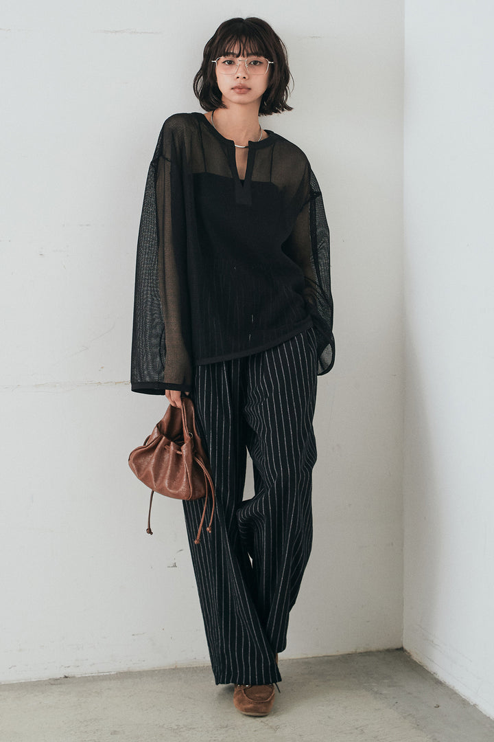 [SET]メッシュカットソースキッパープルオーバー+リネンライクストライプタックイージーパンツ(2set)