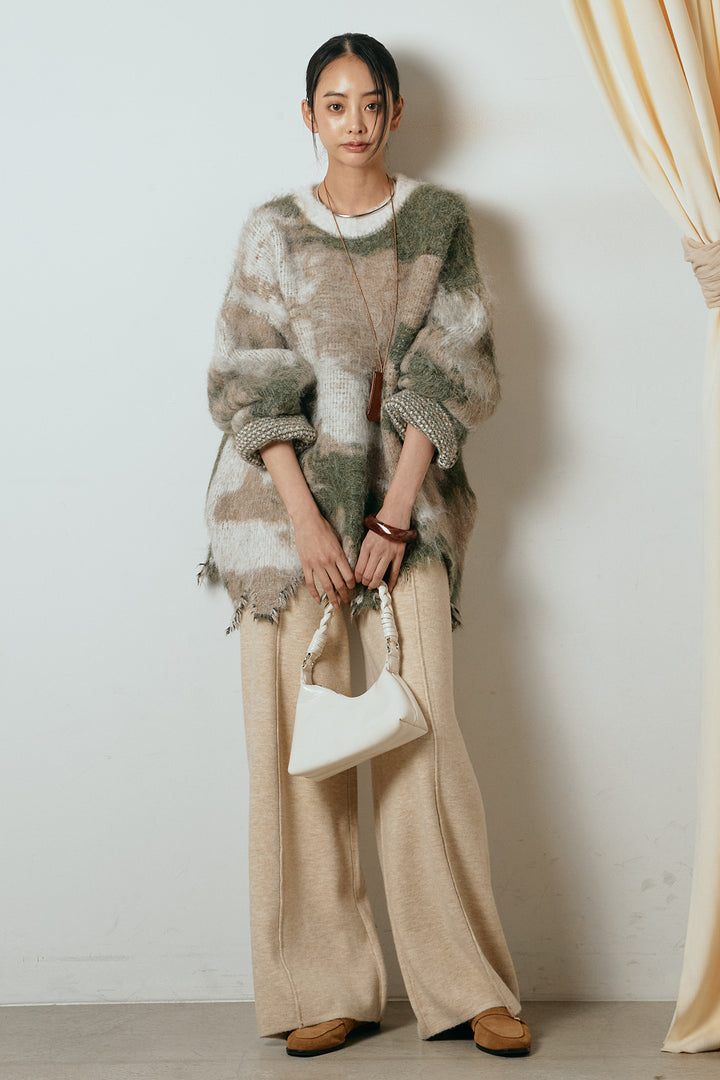 [SET]起毛裾デザインニュアンス柄ニットトップス+センターラインニットパンツ(2set)