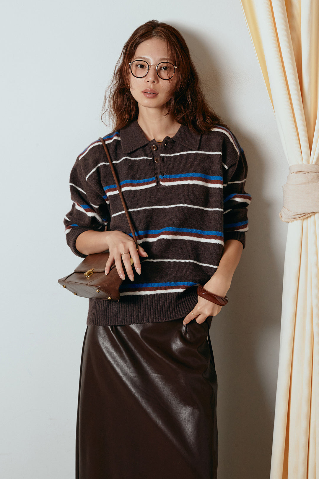 [SET]襟付きマルチボーダーニットポロトップス+紐付きフェイクレザーワイドスカート(2set)