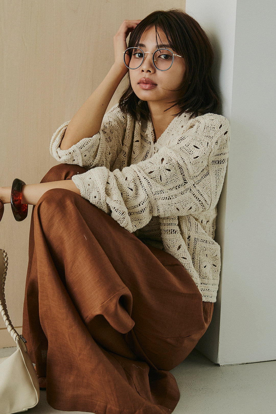 [SET]鍵編みフラワーレースカーディガン+タック入りワイドパンツ(2set)