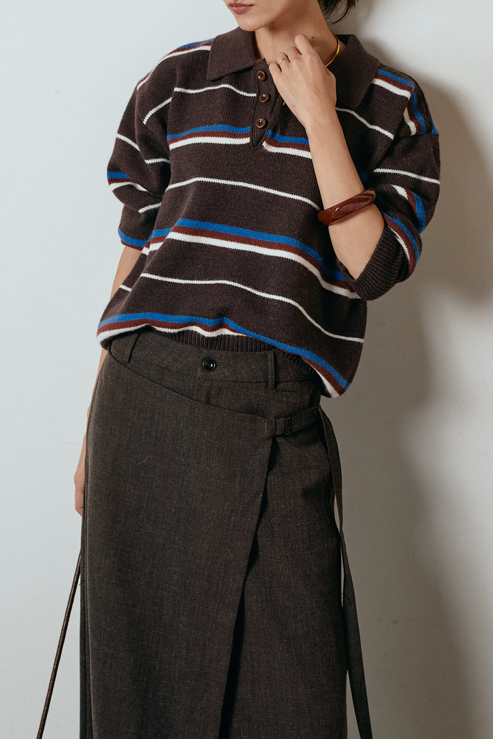 [SET]襟付きマルチボーダーニットポロトップス+ラップ巻きワイドスラックス(2set)