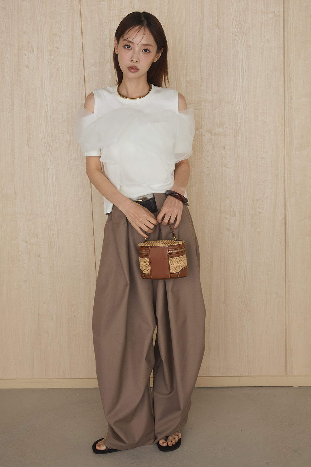 [SET]シアーレイヤーデザインカットソー+ベルトループワイドパンツ(2set)